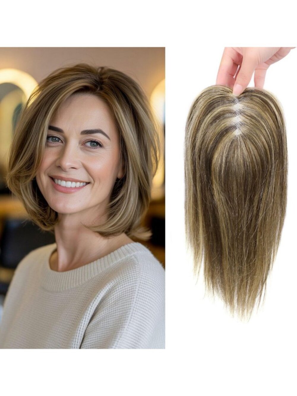 Real Human Hair Toppers for Women - Short Medium Brown with Blonde Highlights